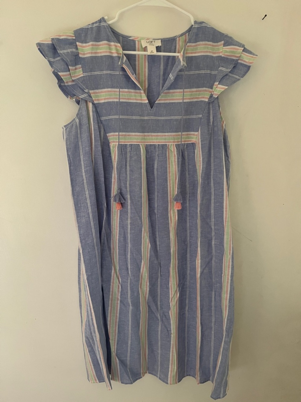 LOFT linen Blue Striped Tassel-Detail Midi Dress beach summer casual comfy prep